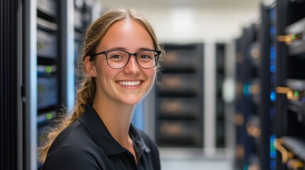 Young woman smiling in a data center while working on technology during daytime hours