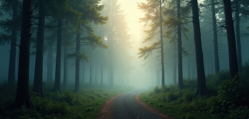 Obraz premium A serene forest path shrouded in mist, evoking a sense of tranquility and adventure. Perfect for nature, wellness, travel, and outdoor projects.