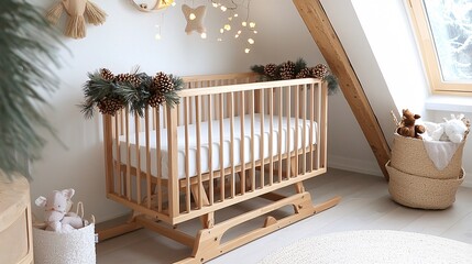 Christmas nursery decor concept. Cozy nursery featuring a wooden crib decorated with greenery and warm lighting.