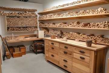 Wooden dowels organized on shelves & in drawers, a woodworking shop. Image shows the meticulous storage and organization of materials for craft projects.