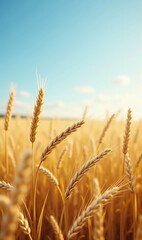 Fototapeta premium Golden wheat field under a clear blue sky, symbolizing agriculture, growth, and harvest. Perfect for farm-related projects, sustainability themes, and food industries.