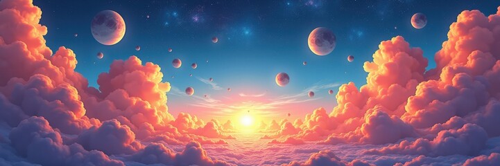 A captivating celestial landscape featuring vibrant clouds and planets, perfect for themes of imagination, exploration, and innovation in design and storytelling.