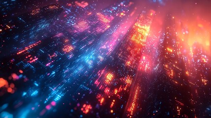 Obraz premium Futuristic Corporate Skyscraper with Holographic Data Streams Symbolizing Business and Technology