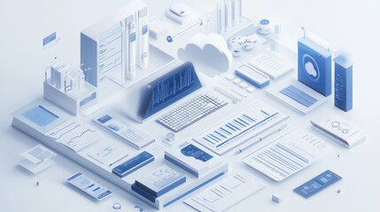Abstract illustration of a modern digital workflow, data analysis, and cloud computing concepts, with isometric graphic design elements.