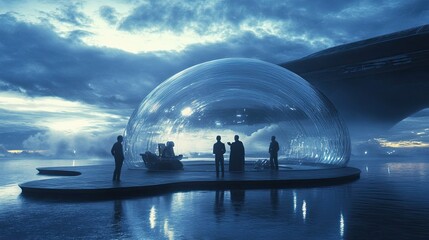 Silhouetted Figures Meet In Futuristic Transparent Dome