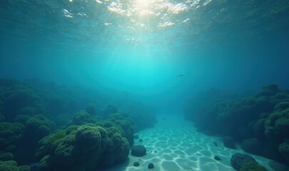 Serene underwater scene showcasing vibrant coral reefs and sunlight filtering through clear turquoise waters, perfect for eco-tourism, marine conservation, or nature projects.