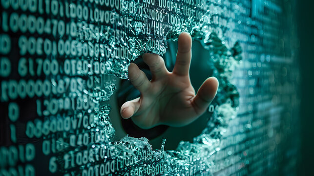 A hand breaking through a wall of binary code symbol