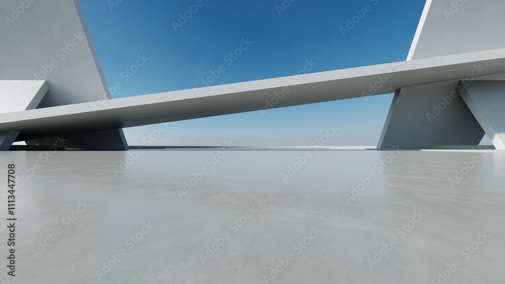 Poster 3d render of abstract modern concrete architecture with empty cement floor, minimal exterior, car presentation background