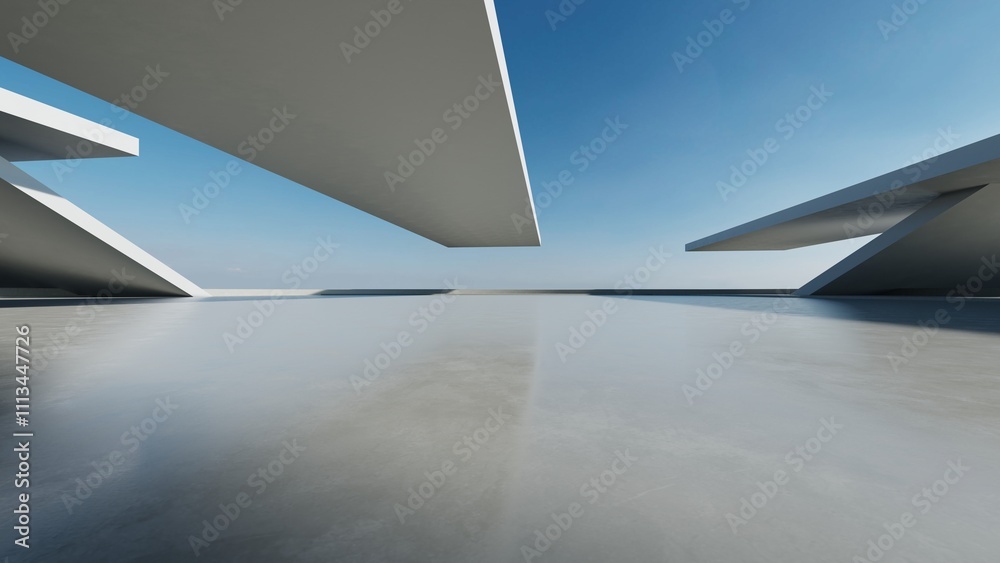 Poster 3d render of abstract modern concrete architecture with empty cement floor, minimal exterior, car pr