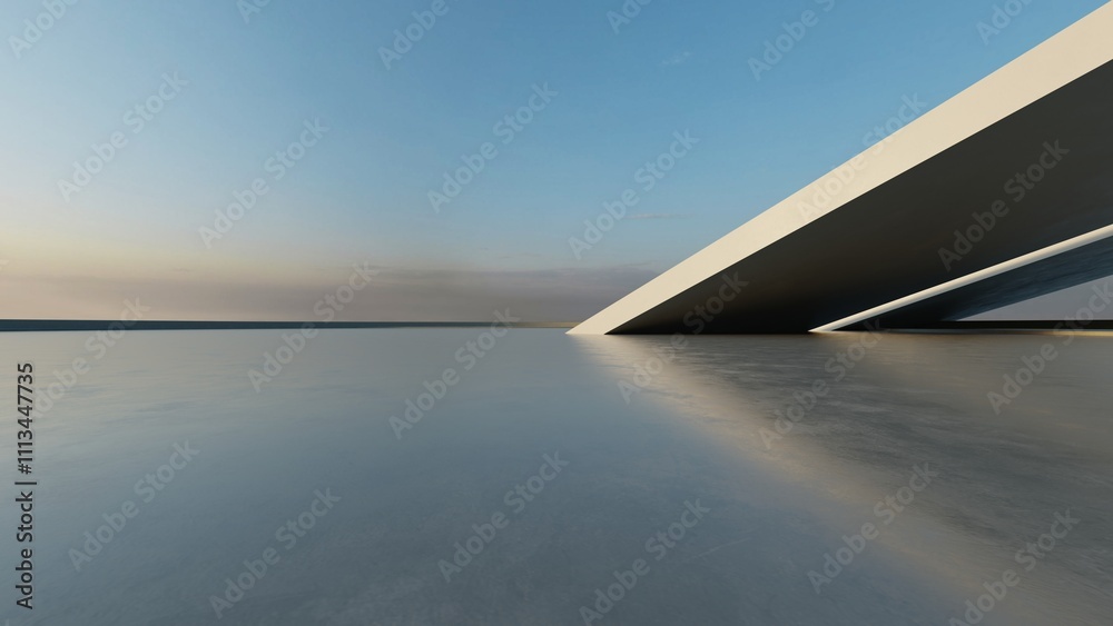 Fototapete 3d render of abstract modern concrete architecture with empty cement floor, minimal exterior, car presentation background