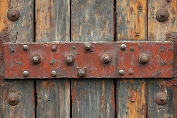 Fototapeta premium Rusty metal band on aged wooden planks. Ideal for rustic, vintage, or historical themes.