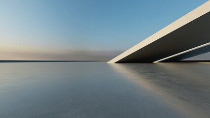 3d render of abstract modern concrete architecture with empty cement floor, minimal exterior, car presentation background