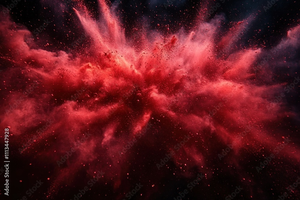 Aufkleber red powder explosion on black background vibrant colors burst abstract expressionism dynamic motion