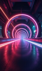 Futuristic corridor illuminated by vibrant neon lights, creating a captivating atmosphere for technology or entertainment themes.