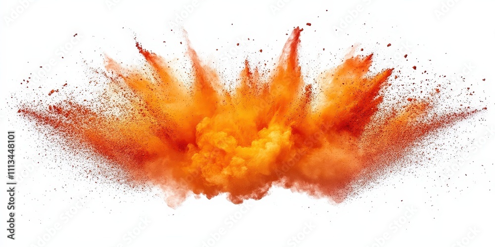 Poster dramatic orange explosion of powder against a white background creating chaos and vibrancy in a dyna