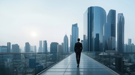 Fototapeta premium Business man standing near cityscape. The concept of business, city life and future. Business technology panorama. Businessman on future city background and futuristic skyscrapers.