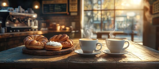 Two steaming cups of coffee with pastries on a rustic wooden table in a cafe.
