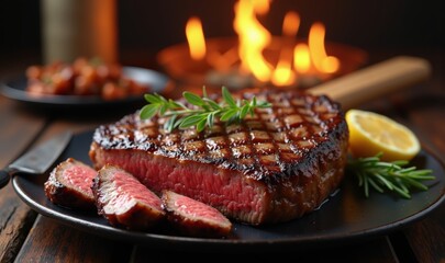 Juicy grilled steak garnished with herbs and lemon, served on a warm wooden table. Perfect for culinary promotions, restaurant menus, or food blogs.