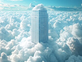 Futuristic Corporate Skyscraper Surrounded by Ethereal Digital Clouds Representing Cloud Based Business Solutions