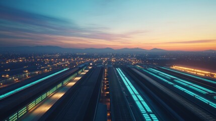 Fototapeta premium Aerial view of a modern train station at dawn, city lights, and distant mountains.