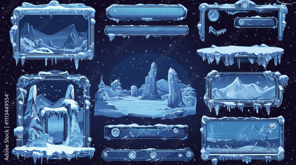 Poster game streaming overlay panels and buttons with ice texture and snow. template of webcam video app de