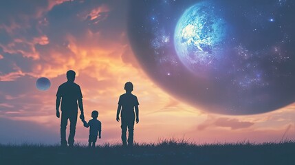 Fototapeta premium Family Silhouettes Watching Celestial Bodies at Sunset