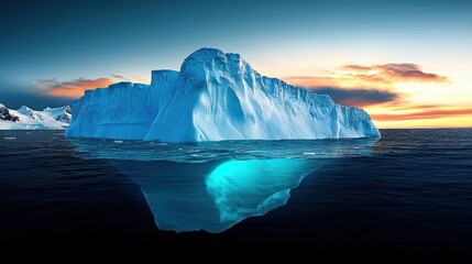 A majestic iceberg partially submerged in calm waters, illuminated by a colorful sunset, showcasing the beauty of nature's icy formations.
