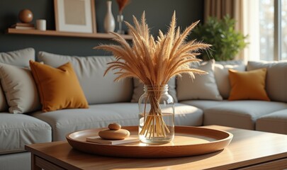 A cozy living room featuring a stylish arrangement of pampas grass in a vase on a wooden tray, complemented by soft cushions, ideal for home decor inspiration.