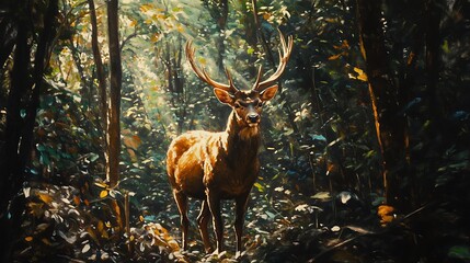 Majestic deer standing in a sun-dappled forest clearing.