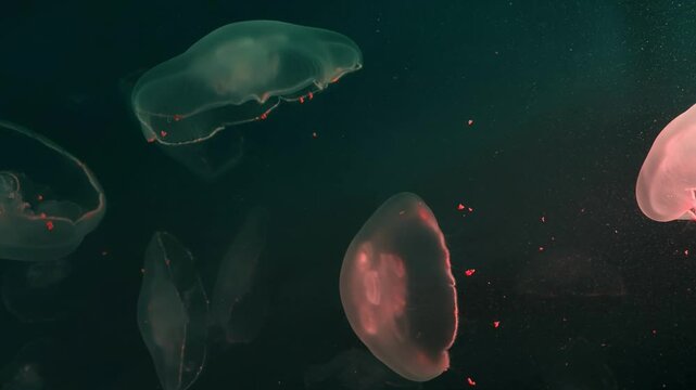 Mesmerizing view of translucent jellyfish glowing under dark green background in an aquarium. Underwater scene of group of fluorescent jellyfish swimming slowly