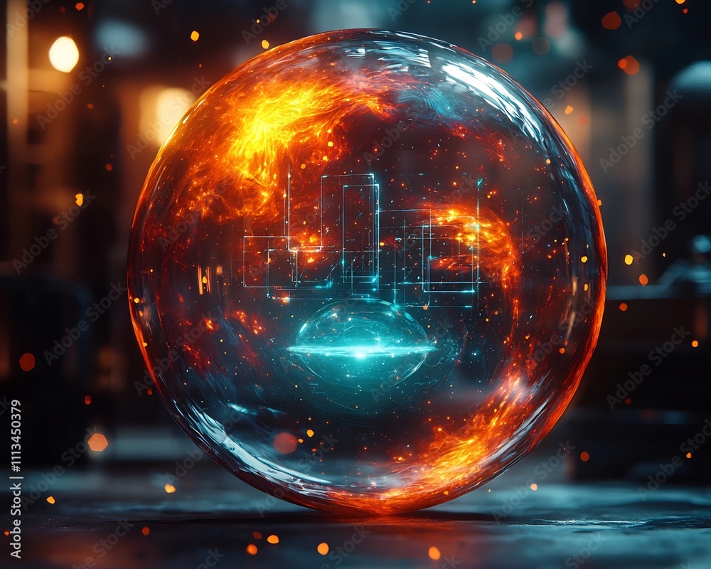Poster futuristic quantum computer encased in a crystal sphere amid fractal patterns