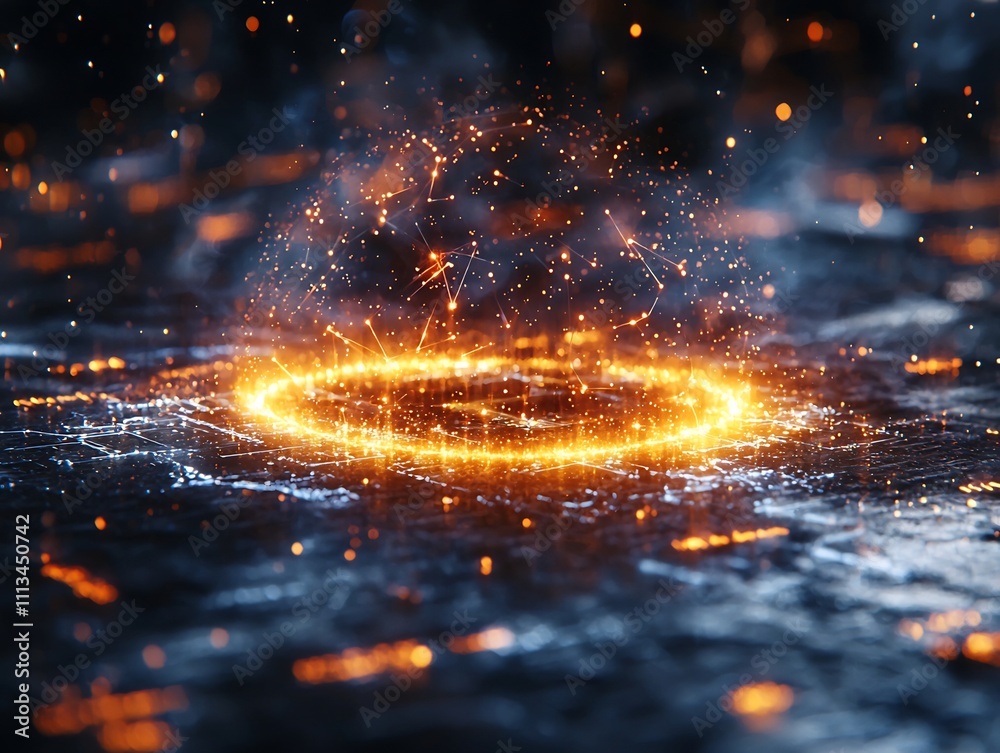 Poster quantum computer emitting luminous light streams representing high speed calculations and glowing eq