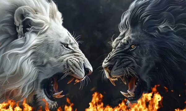 Clash of Titans: A Majestic Showdown Between a White and Black Lion Amidst Fiery Inferno