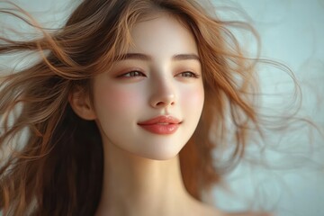 Fototapeta premium Portrait of an Asian Woman with Long Hair in Natural Light Beauty Skincare and Makeup