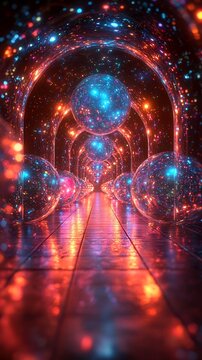 Quantum Processor Surrounded by Holographic Parallel Universe Orbs Showcasing Superposition