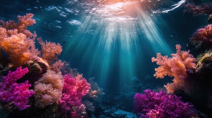 Fototapeta premium Vibrant Underwater Coral Reef Scene Sunbeams, Ocean, Fish, Colors