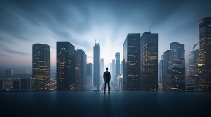 Business man standing near cityscape. The concept of business, city life and future. Business technology panorama. Businessman on future city background and futuristic skyscrapers.