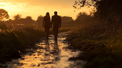 Fototapeta premium Silhouette of couple holding hands walking on a path at sunset.