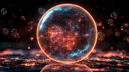 Fototapeta premium Quantum Computing Sphere with Flashing Particles Representing Powerful Nature of Quantum Systems