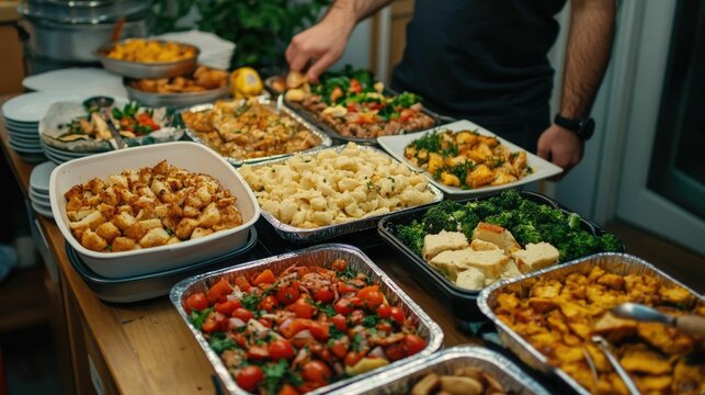 Vibrant array of homemade diverse dishes laid out on a table for a communal potluck dinner a variety of cultural cuisines and shared dining experience among a group of people
