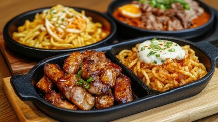Fototapeta premium Exploring the Diverse Flavors of International Cuisine in a Delightful Foodie Adventure with Friends A of Global Culinary Delights and Cultural