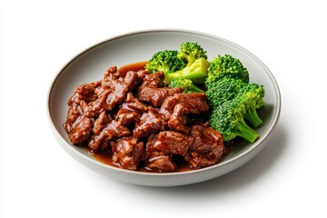 Fototapeta premium Realistic Plate of Tender Beef Slices with Broccoli Garnish