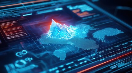 A digital interface displays a vibrant 3D mountain graph overlaid on a global map, featuring data metrics and futuristic designs.