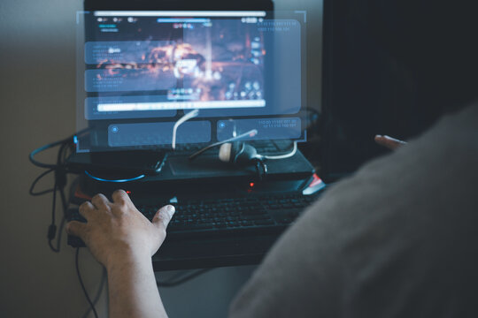 developer coding program on desktop computer. programmer job, smart digital nomad lifestyle concept