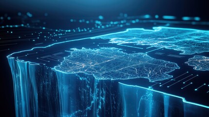 A futuristic, digital representation of a city, showcasing glowing outlines and data streams over a 3D landscape.