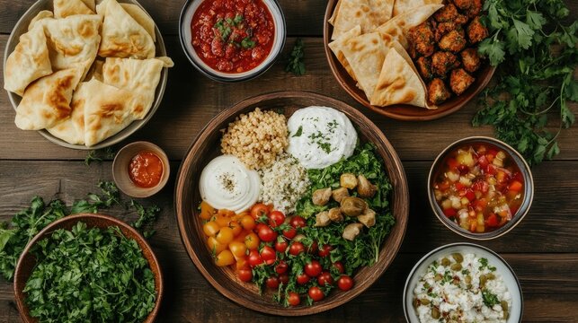 Diverse array of traditional cultural meals drinks and dishes shared in a joyous festive gathering celebrating heritage community and shared culinary experiences