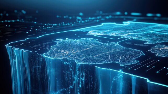 A futuristic, digital representation of a city, showcasing glowing outlines and data streams over a 3D landscape.
