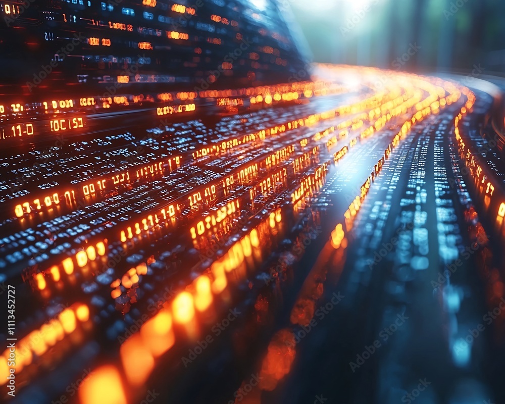Poster quantum supercomputer analyzing massive datasets with flowing light trails