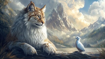 Obraz premium Majestic Lynx and Serene Bird in a Mountain Lake Landscape