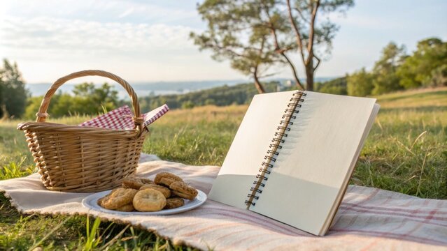 Open notebook rests on a picnic blanket alongside a basket and plate of cookies, creating a tranquil scene perfect for enjoying a peaceful day outdoors